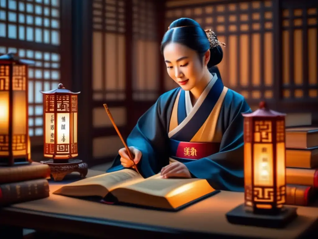 En la imagen, Ban Zhao se sumerge en sus estudios, rodeada de libros y escritura, destacando su papel pionero en el confucianismo femenino