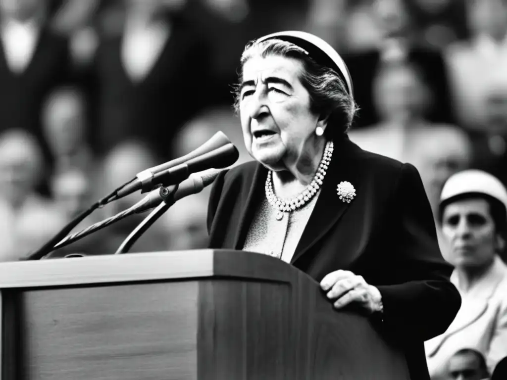 La imagen muestra a Golda Meir, ex primer ministra de Israel, liderando con determinación durante la Guerra del Yom Kippur