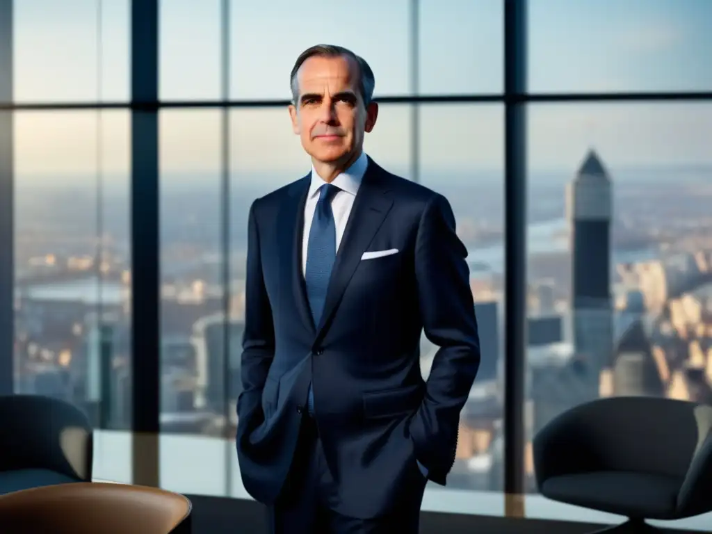 En la imagen, Mark Carney, exgobernador del Banco de Inglaterra, proyecta autoridad y profesionalismo en una oficina moderna, con vistas a la ciudad