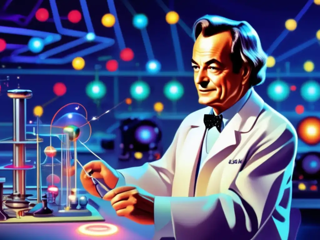 En la imagen, Richard Feynman realiza un experimento de física en un laboratorio moderno
