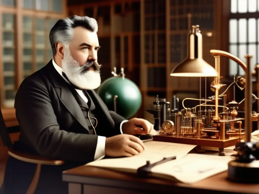 En la imagen, Alexander Graham Bell realiza un experimento en su laboratorio, rodeado de dispositivos de comunicación moderna