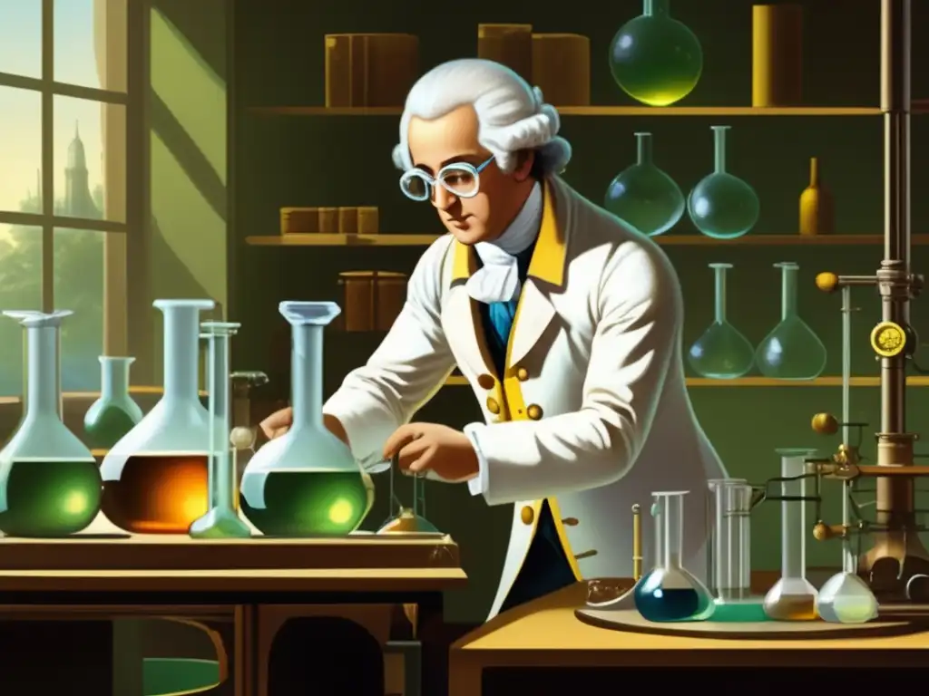 En la imagen se muestra a Antoine Lavoisier realizando un experimento químico con precisión en un laboratorio moderno