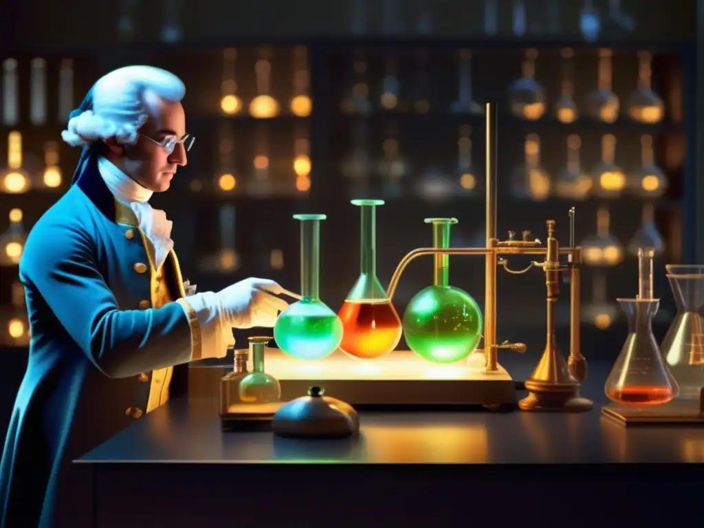 En la imagen, Antoine Lavoisier realiza experimentos en un laboratorio moderno, reflejando la sofisticación de la química moderna