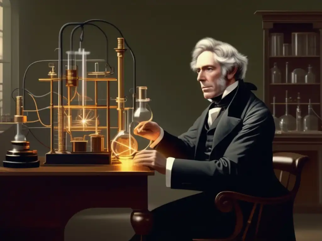 En la imagen se ve a Michael Faraday realizando experimentos en su laboratorio, rodeado de equipo científico y aparatos eléctricos