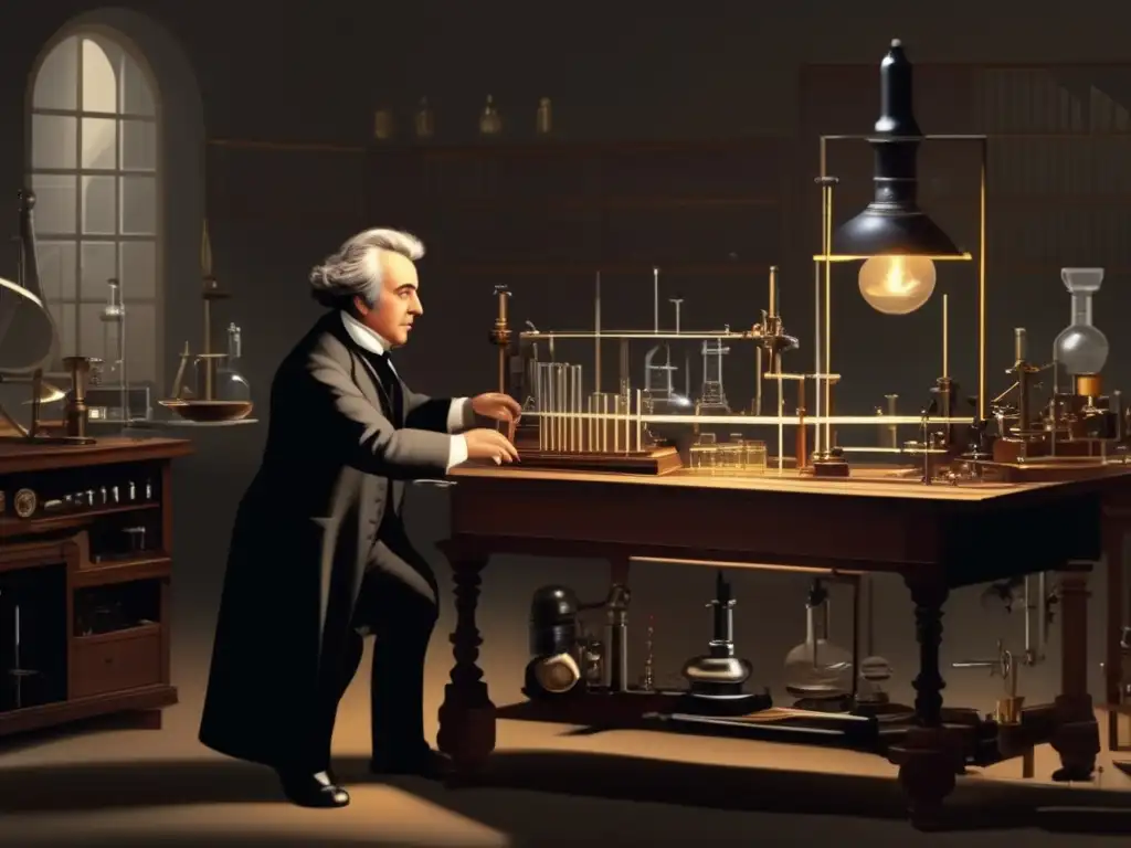 En la imagen, André Marie Ampère realiza experimentos magnéticos en su laboratorio, rodeado de instrumentos científicos