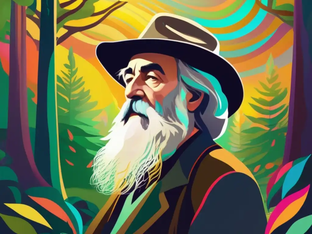 En la imagen, Walt Whitman se encuentra en un exuberante bosque, rodeado de versos poéticos coloridos que flotan a su alrededor