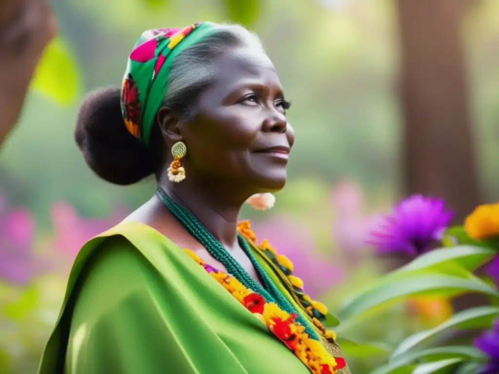 En la imagen, Wangari Maathai destaca en un exuberante bosque, llevando un vestido tradicional mientras irradia serenidad