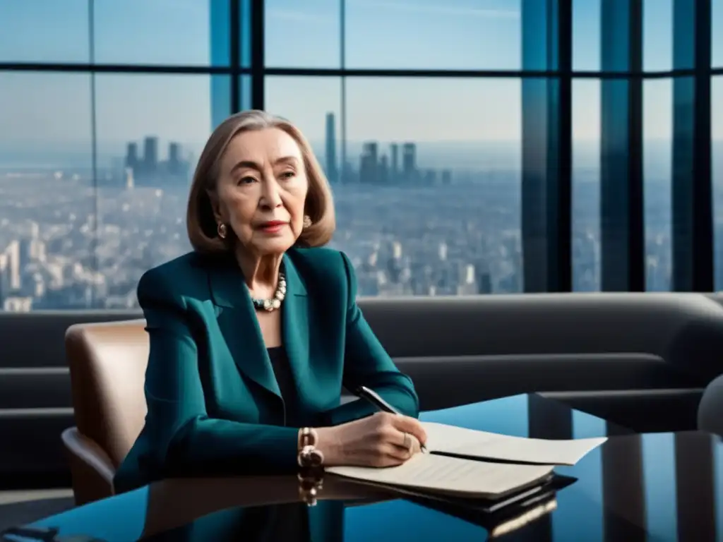 Una imagen 8k detalla a Oriana Fallaci entrevistando a un líder mundial en un entorno moderno