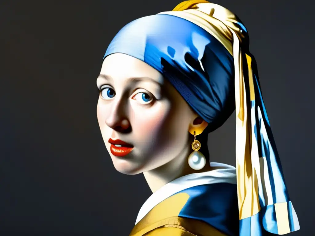 Una imagen de alta resolución de la famosa pintura 'La Joven de la Perla' de Johannes Vermeer, revelando los detalles intrincados del rostro de la chica, la calidad reflectante del pendiente de perla y el sutil juego de luces y sombras en el fondo