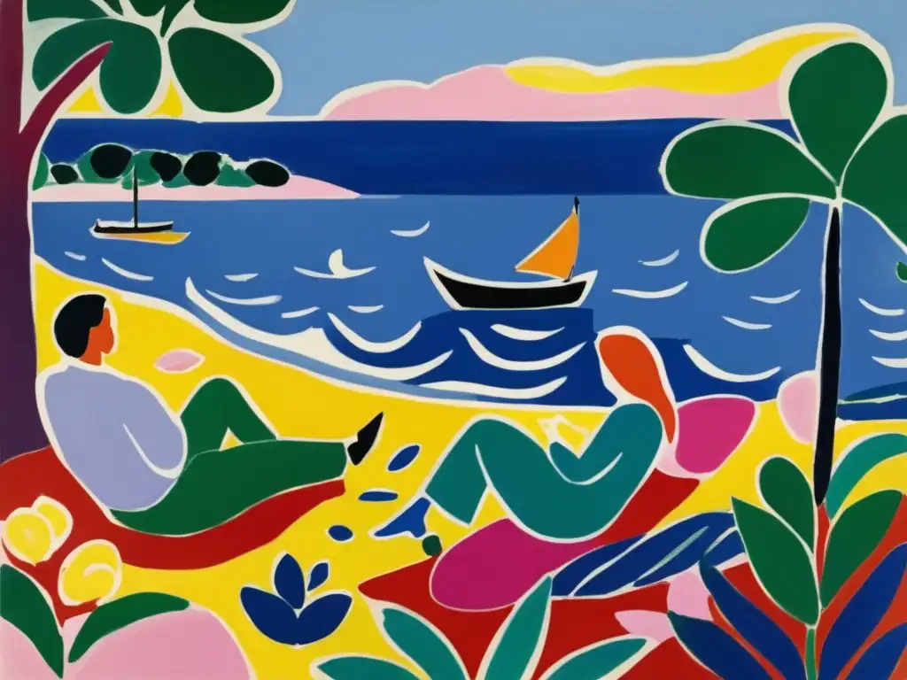 Una imagen de alta resolución de la famosa pintura 'Luxe, Calme et Volupté' de Henri Matisse, con una paleta de colores fauvista vibrante y pinceladas audaces del artista, evocando armonía y alegría a través de colores intensos y formas simplificadas