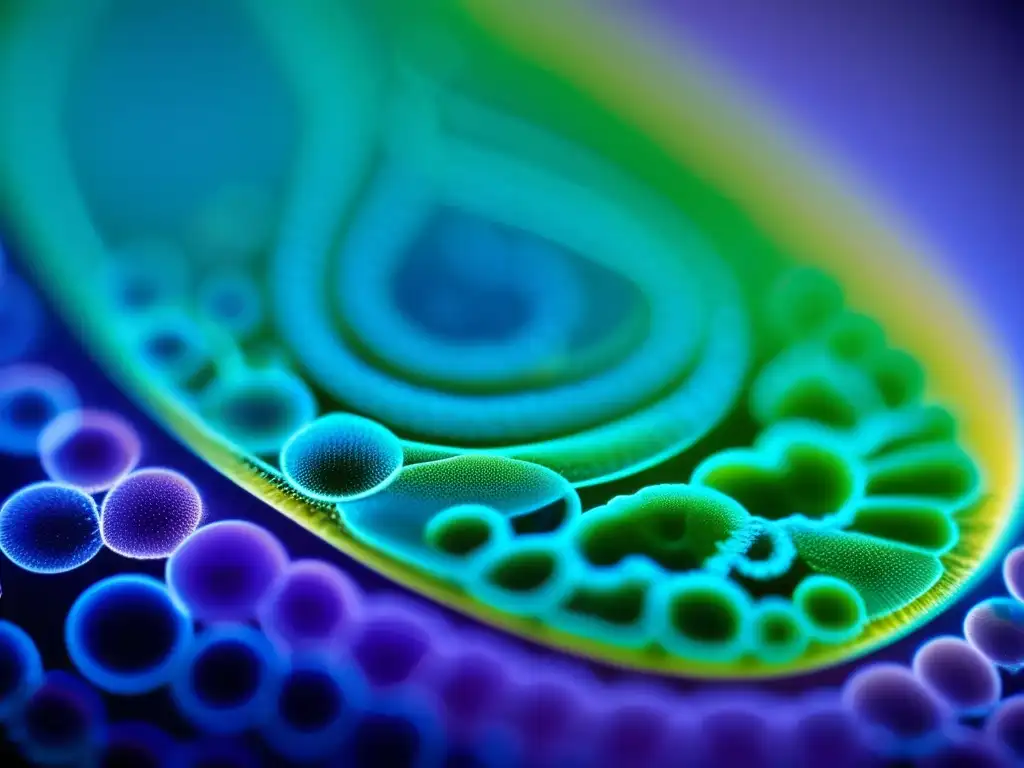 Una imagen fascinante de un portaobjetos microscópico, con patrones vibrantes de microorganismos y estructuras celulares bajo una luz suave