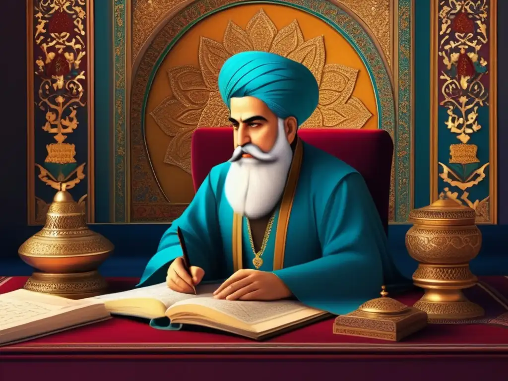 En la imagen se ve a Ferdowsi, el poeta persa, escribiendo la Épica de los Reyes con pasión en un lujoso entorno