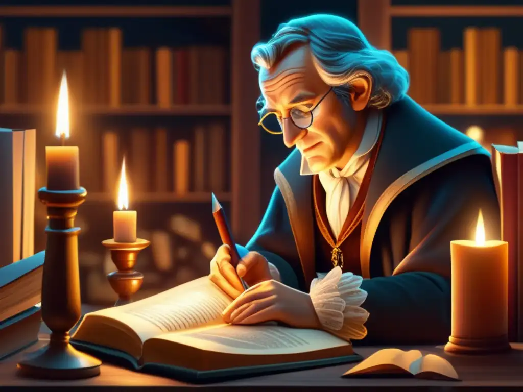 En la imagen, Jacob Grimm decodifica festivales germánicos en su estudio iluminado por velas