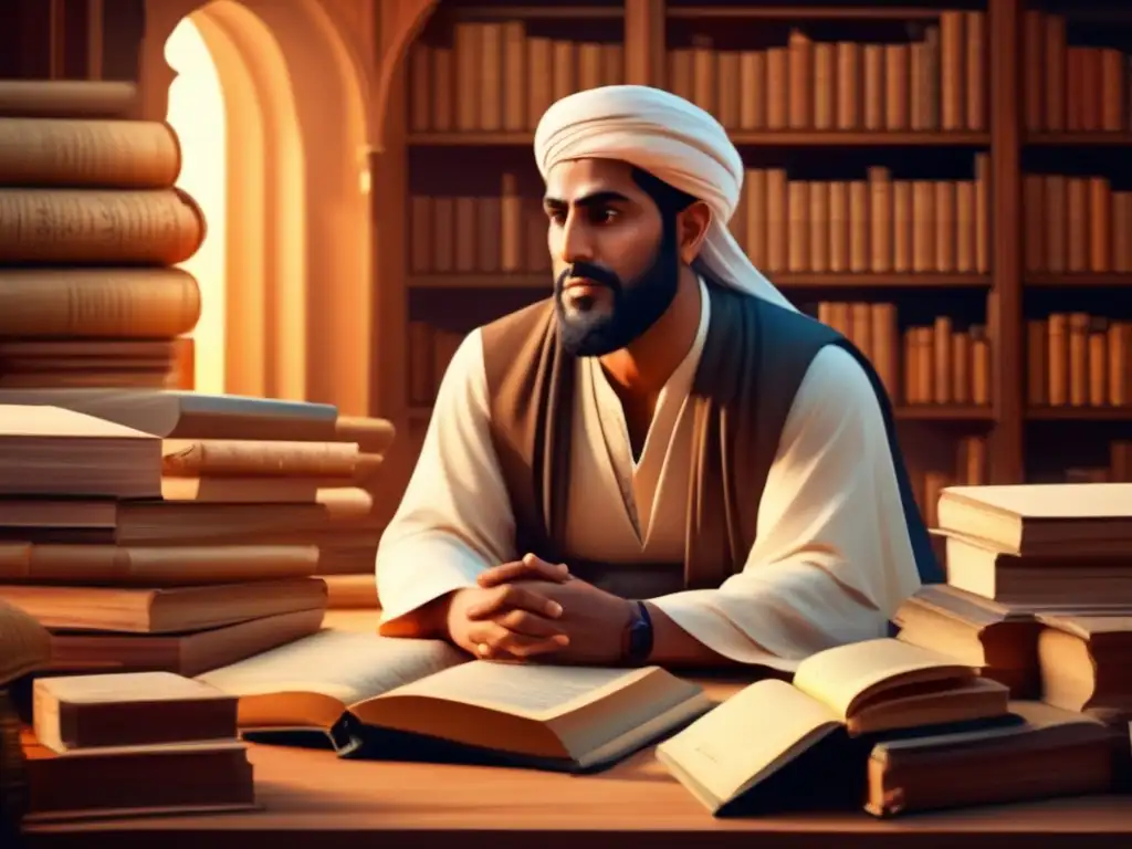 En la imagen, el filósofo y escritor Ibn Tufail se sumerge en profundos pensamientos, rodeado de antiguos manuscritos y libros