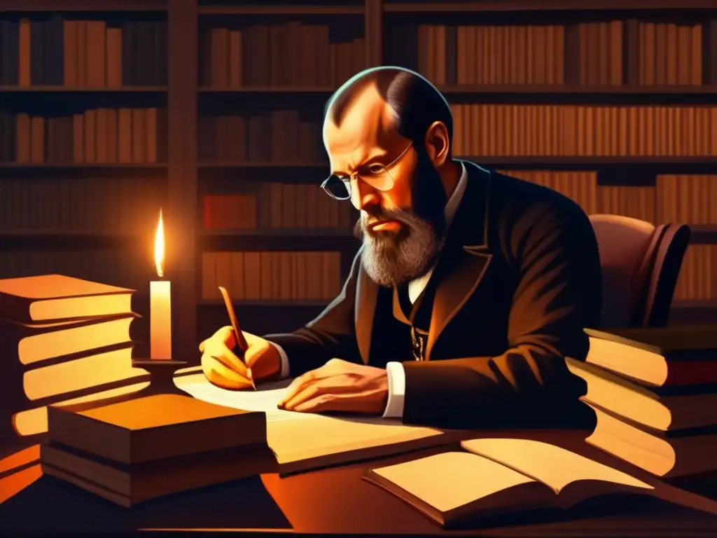 En la imagen, vemos a Fiodor Dostoyevski inmerso en una travesía psicológica, rodeado de libros y papeles en su escritorio, iluminado por una vela