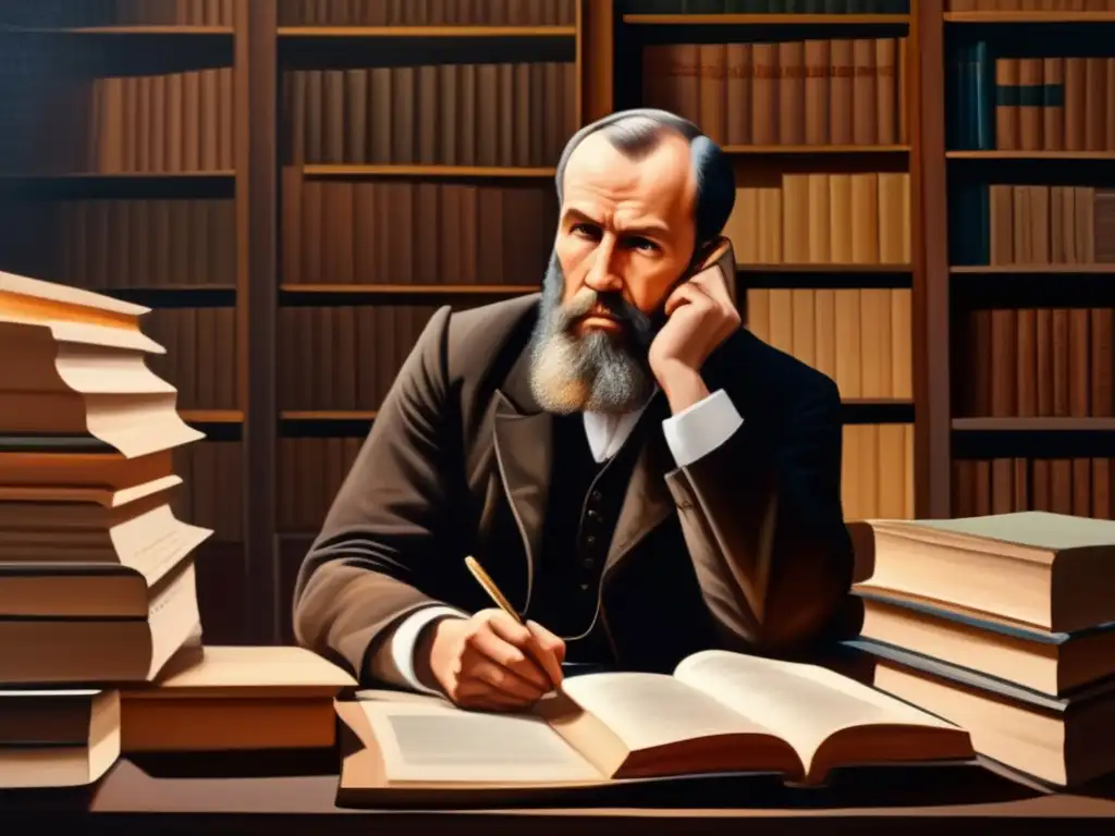 En la imagen, Fiodor Dostoyevski está sentado en su escritorio, rodeado de papeles y libros, con una expresión contemplativa