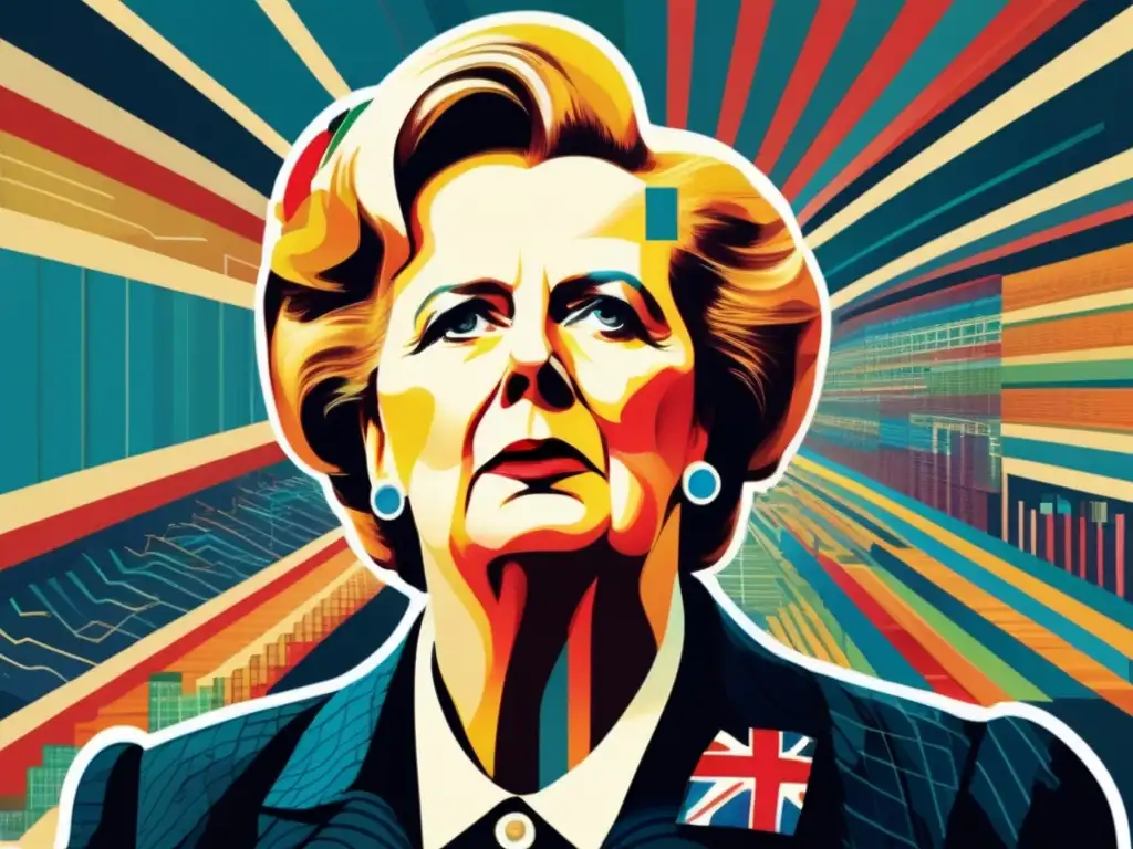 La imagen muestra a Margaret Thatcher firme ante la recesión de los 80, rodeada de gráficos financieros turbulentos