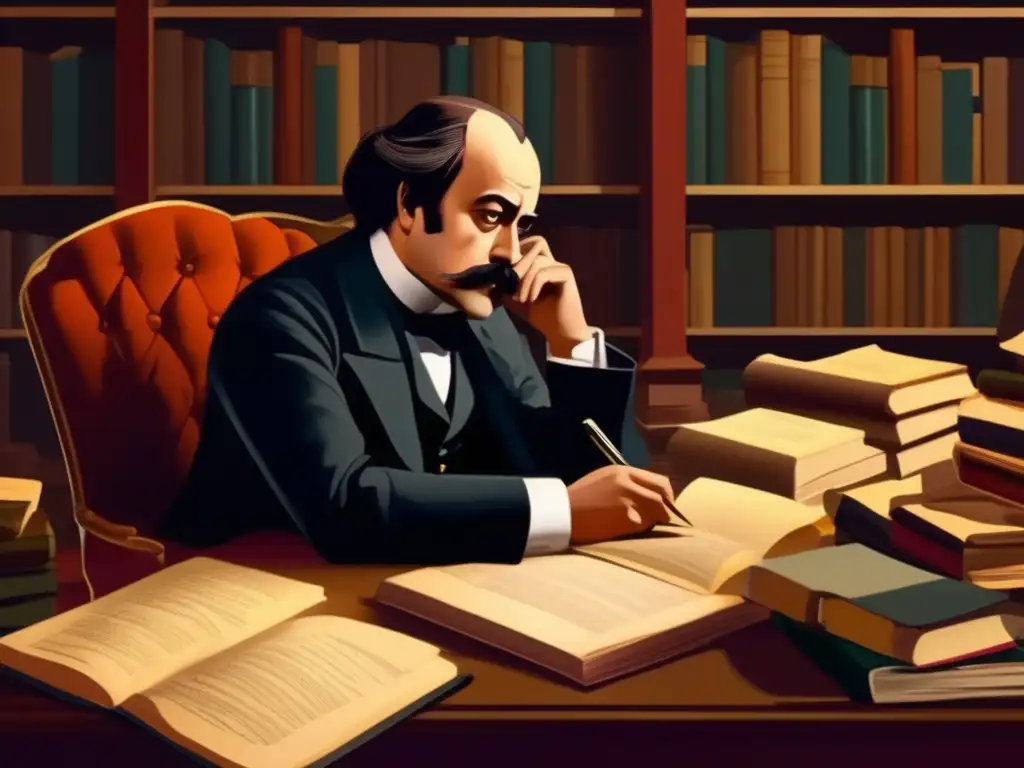 En la imagen, Gustave Flaubert se sienta en su escritorio, rodeado de manuscritos y libros