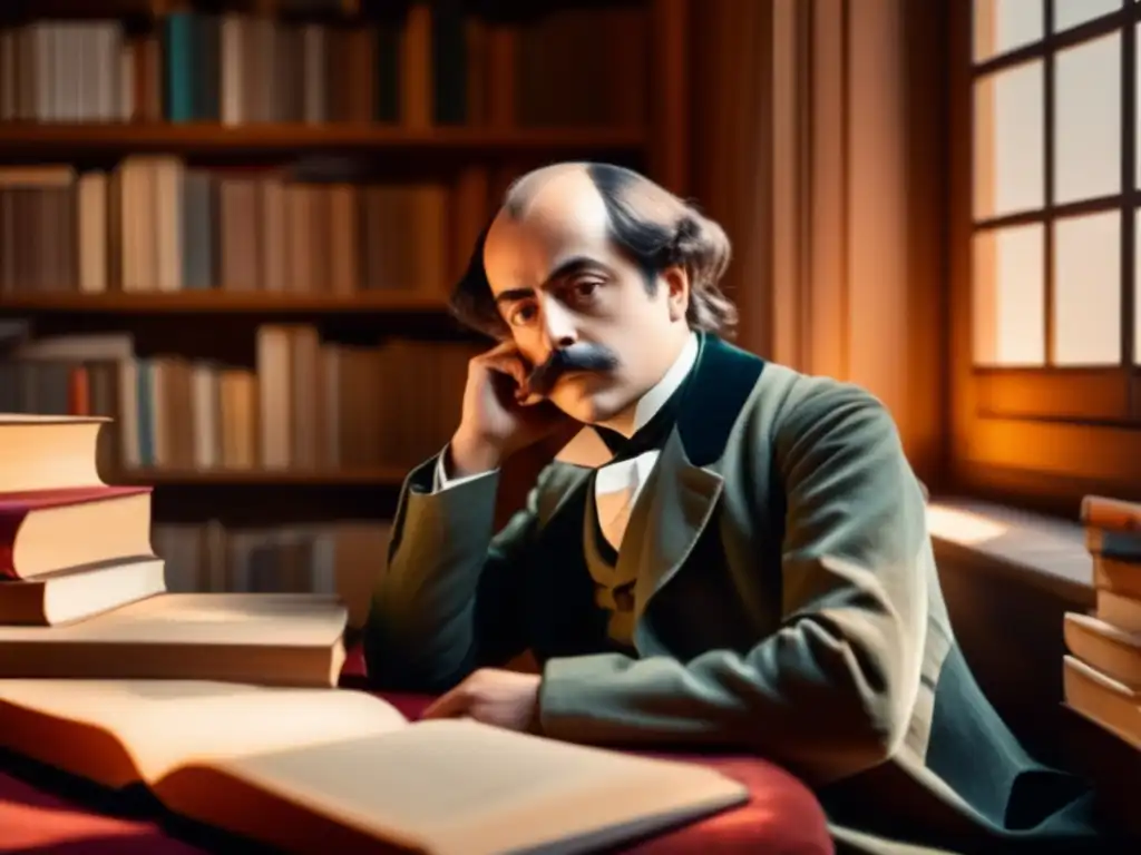 En la imagen, Gustave Flaubert reflexiona en una habitación soleada, rodeado de libros