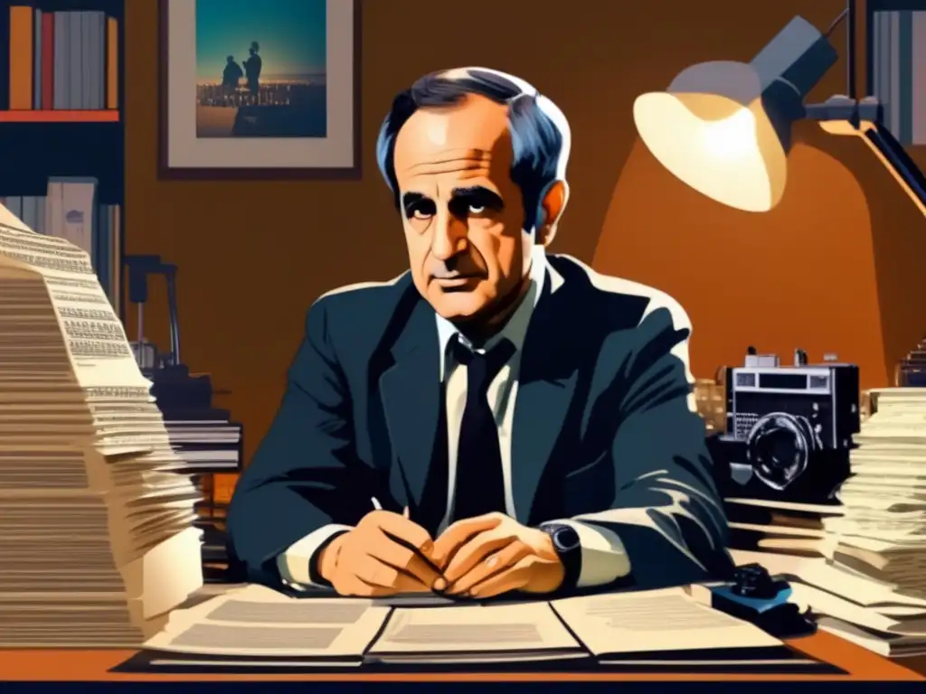 En la imagen, François Truffaut se sienta en su escritorio, rodeado de guiones, cámaras antiguas y rollos de película