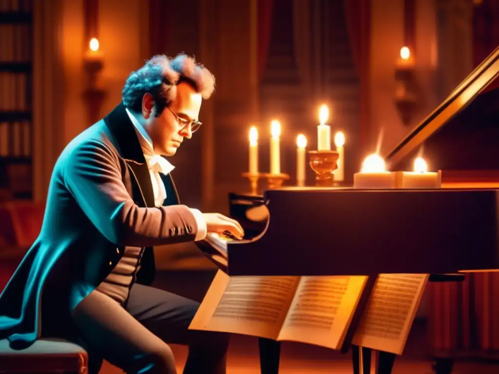 En la imagen, Franz Schubert compone música en una habitación acogedora y tenue iluminada por velas