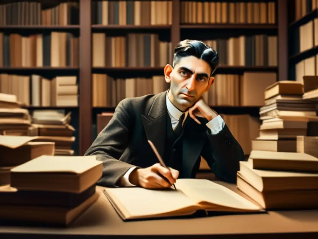 En la imagen, Franz Kafka está sentado en su escritorio, rodeado de libros y papeles, con una expresión pensativa