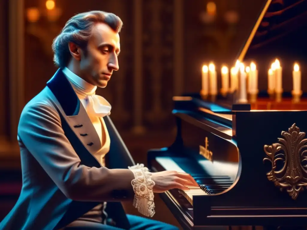 En la imagen, Frédéric Chopin está sentado frente a un piano de cola en una habitación con luz tenue