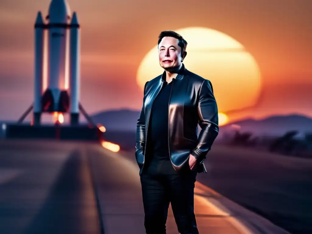 Una imagen de alta resolución de Elon Musk frente a un cohete de SpaceX, con el sol poniéndose al fondo, proyectando una cálida luz sobre la escena