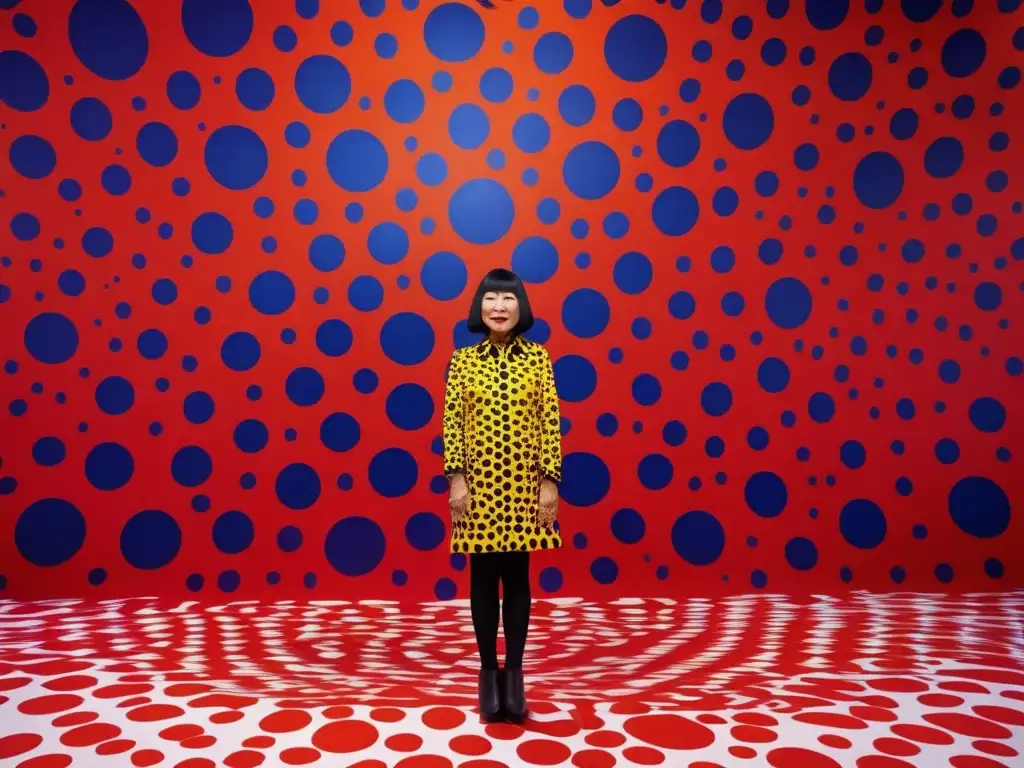 La imagen muestra a Yayoi Kusama frente a una de sus icónicas obras de arte llena de lunares