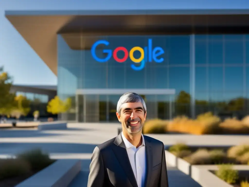 La imagen muestra a Larry Page frente a un moderno edificio de Google, reflejando su influencia en tecnología
