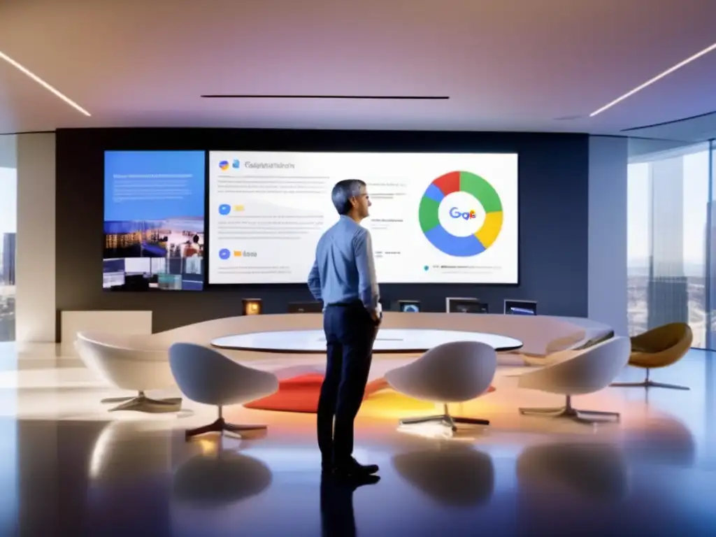 En la imagen se muestra a Larry Page frente a una pantalla digital en un espacio de oficina futurista, reflejando su influencia en la tecnología