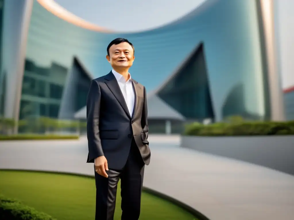 La imagen muestra a Jack Ma frente a la sede de Alibaba, reflejando su espíritu emprendedor