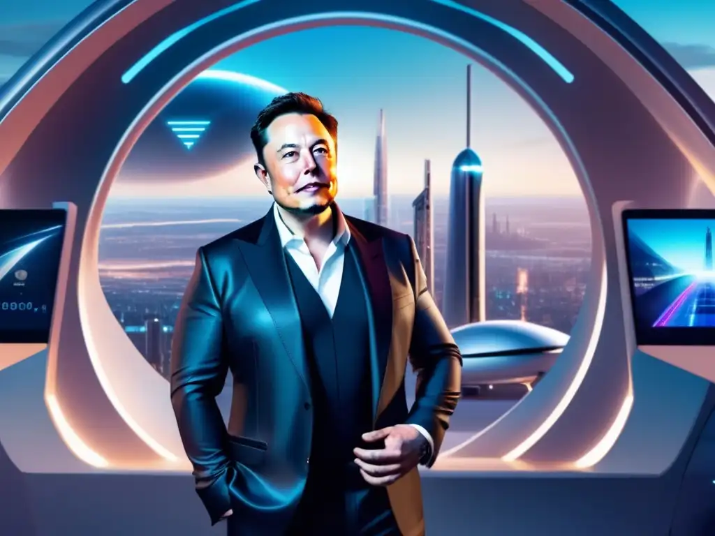La imagen muestra a Elon Musk frente a un vehículo espacial futurista, rodeado de iconos de redes sociales y tecnología avanzada