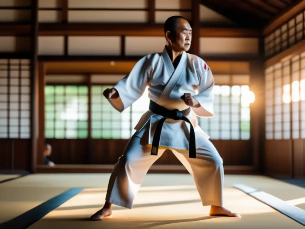 Imagen de Gichin Funakoshi demostrando una kata en un dojo tradicional de karate