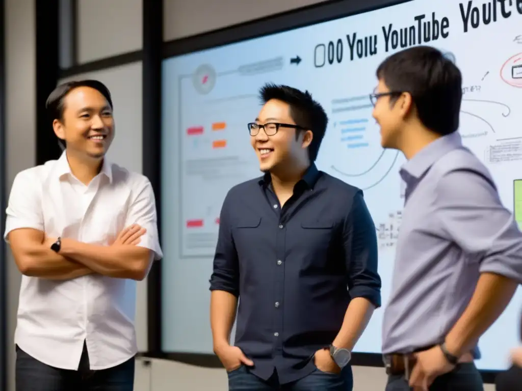 La imagen muestra a los fundadores de YouTube, Chad Hurley, Steve Chen y Jawed Karim, colaborando en ideas innovadoras frente a un gran tablero blanco