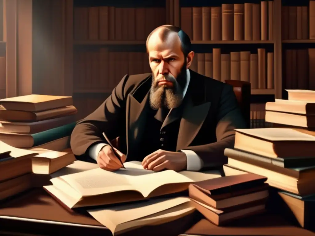 Profundo retrato de Fyodor Dostoevsky en su estudio En la imagen, Fyodor Dostoevsky se encuentra inmerso en su escritorio, rodeado de libros y papeles, con una expresión intensa y pensativa