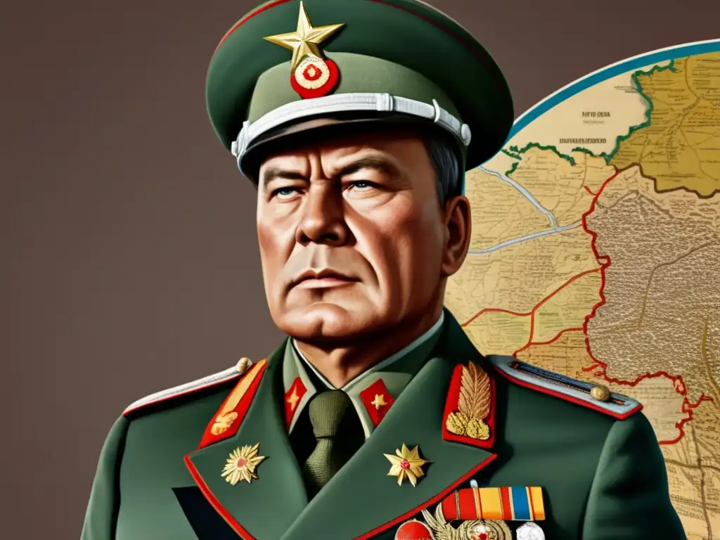 En la imagen, el General Zhukov muestra determinación y liderazgo en su uniforme, con un mapa de la Unión Soviética de fondo