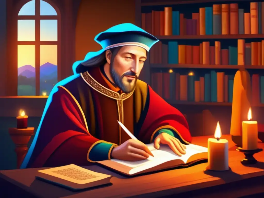 En la imagen se muestra a Geoffrey Chaucer en su estudio, rodeado de libros y pergamino, iluminado por la luz de las velas
