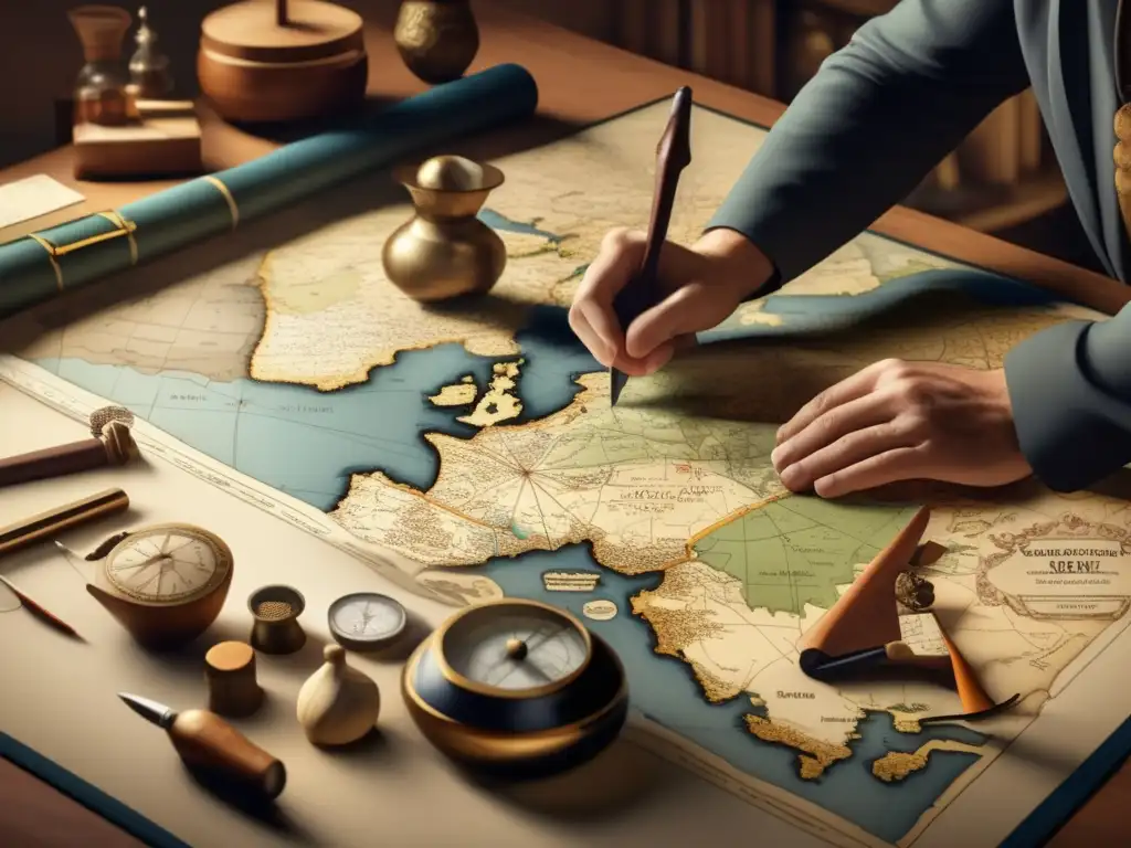 En la imagen, Gerardus Mercator trabaja con pasión en un detallado mapa, rodeado de herramientas de cartografía