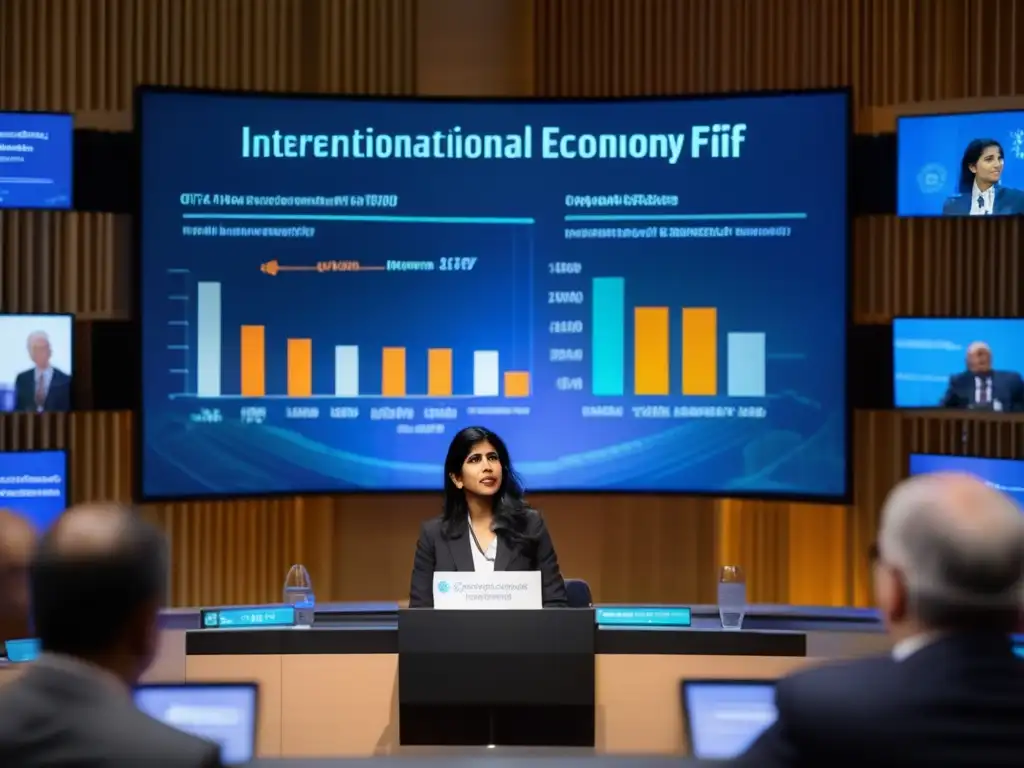 Una imagen de alta resolución de Gita Gopinath dirigiéndose con confianza a un grupo de líderes mundiales en la sede del Fondo Monetario Internacional, con gráficos y tablas proyectados en una gran pantalla detrás de ella, mostrando su liderazgo y experiencia en la navegación de la economía global poscrisis