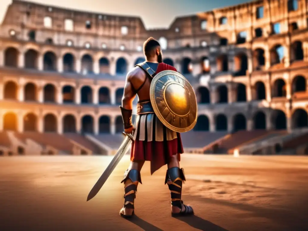 La imagen muestra a un gladiador desafiante en el Coliseo al atardecer
