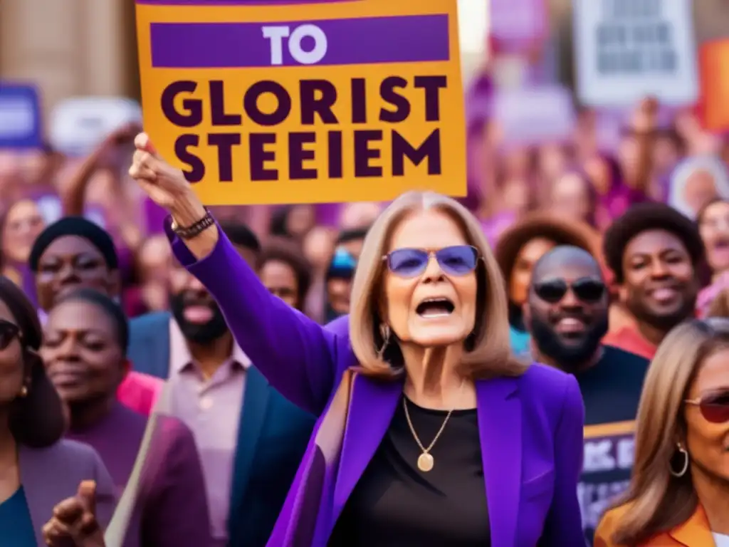 En la imagen, Gloria Steinem lidera un rally feminista con determinación y energía