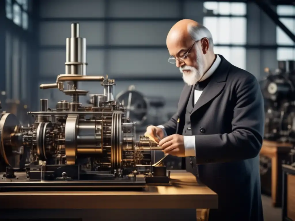 En la imagen, Gottlieb Daimler trabaja en un prototipo del motor de combustión en un laboratorio moderno, rodeado de maquinaria avanzada y tecnología