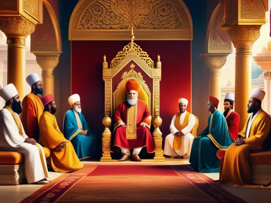 En la imagen, Ciro el Grande se sienta en un trono majestuoso, rodeado de líderes religiosos en un diálogo pacífico