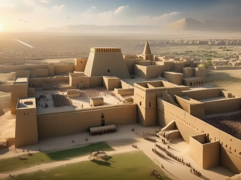 La imagen muestra la grandiosidad y la vida cotidiana en la antigua ciudad de Nínive, reflejando la hegemonía del implacable imperio asirio