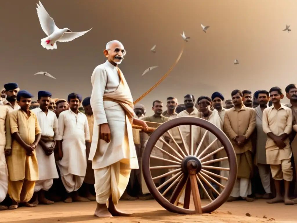 Una imagen ultrarresolución de Mahatma Gandhi durante la guerra, con expresión serena, hilandero y paloma en mano, rodeado de soldados y civiles