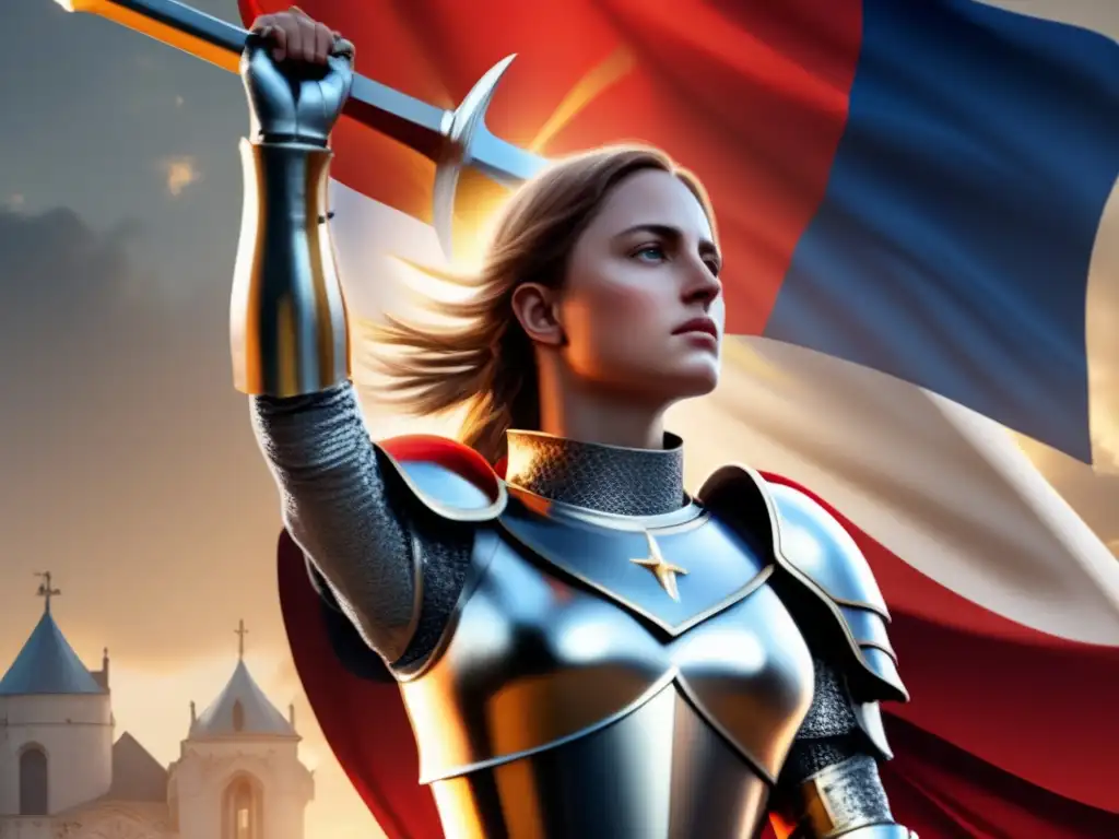 La imagen muestra a Joan of Arc, una guerrera santa de la historia de Francia, con armadura brillante y determinación en su rostro