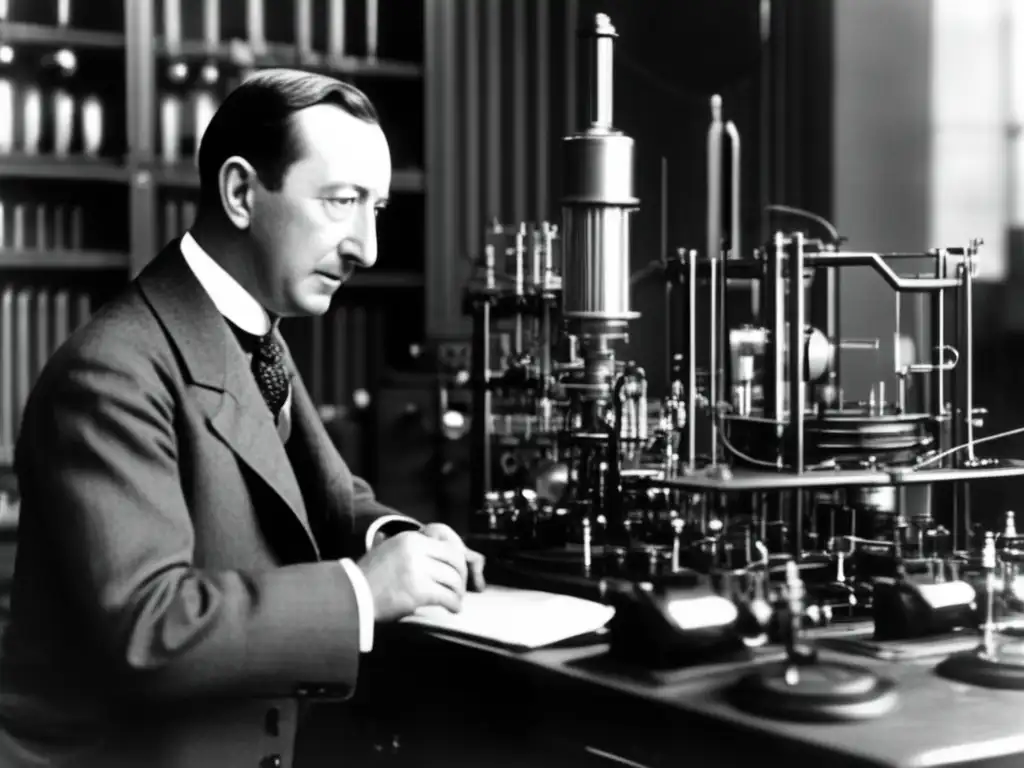 En la imagen se ve a Guglielmo Marconi concentrado en su laboratorio, ajustando un transmisor de radio