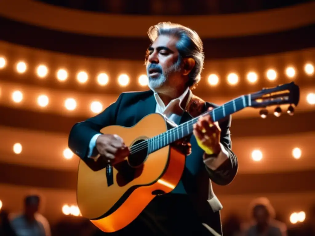En la imagen, Francisco Tárrega toca apasionadamente su guitarra española en un escenario iluminado, con el público admirado de fondo