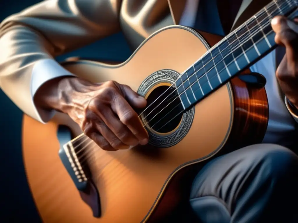 Una imagen de alta resolución de Paco de Lucía tocando la guitarra, mostrando sus manos en acción y su concentración